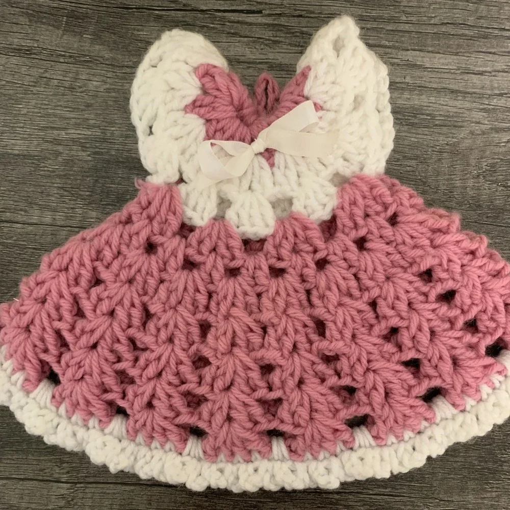 Vintage Crochet Dress Pot Holders Pink White Handmade Kitchen Decor Set of 2